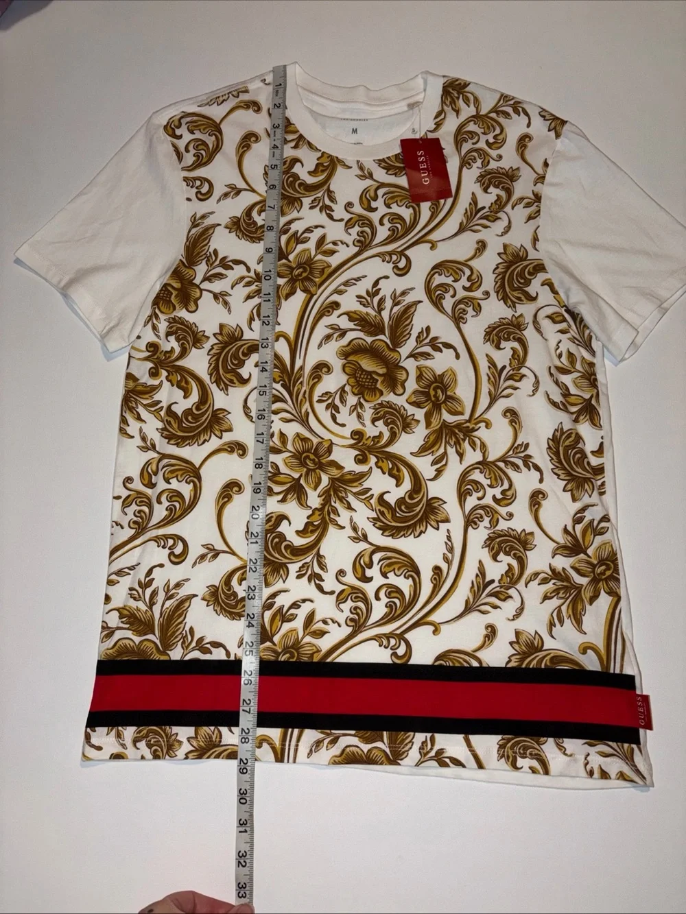 GUESS White T-Shirt with Gold Baroque Print and Red-Black Hem Stripe M - Picture 5 of 6